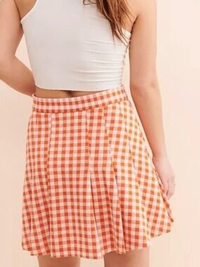 Free People Orange & White Gingham Honey Pleated Mini Skirt